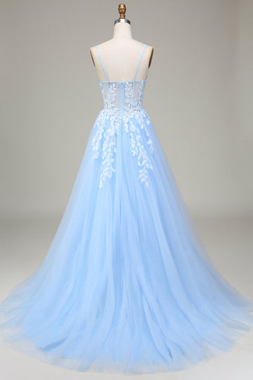 Tulle A-ligne Spaghetti Bretelles Bleu Ciel Robe de bal avec Appliques